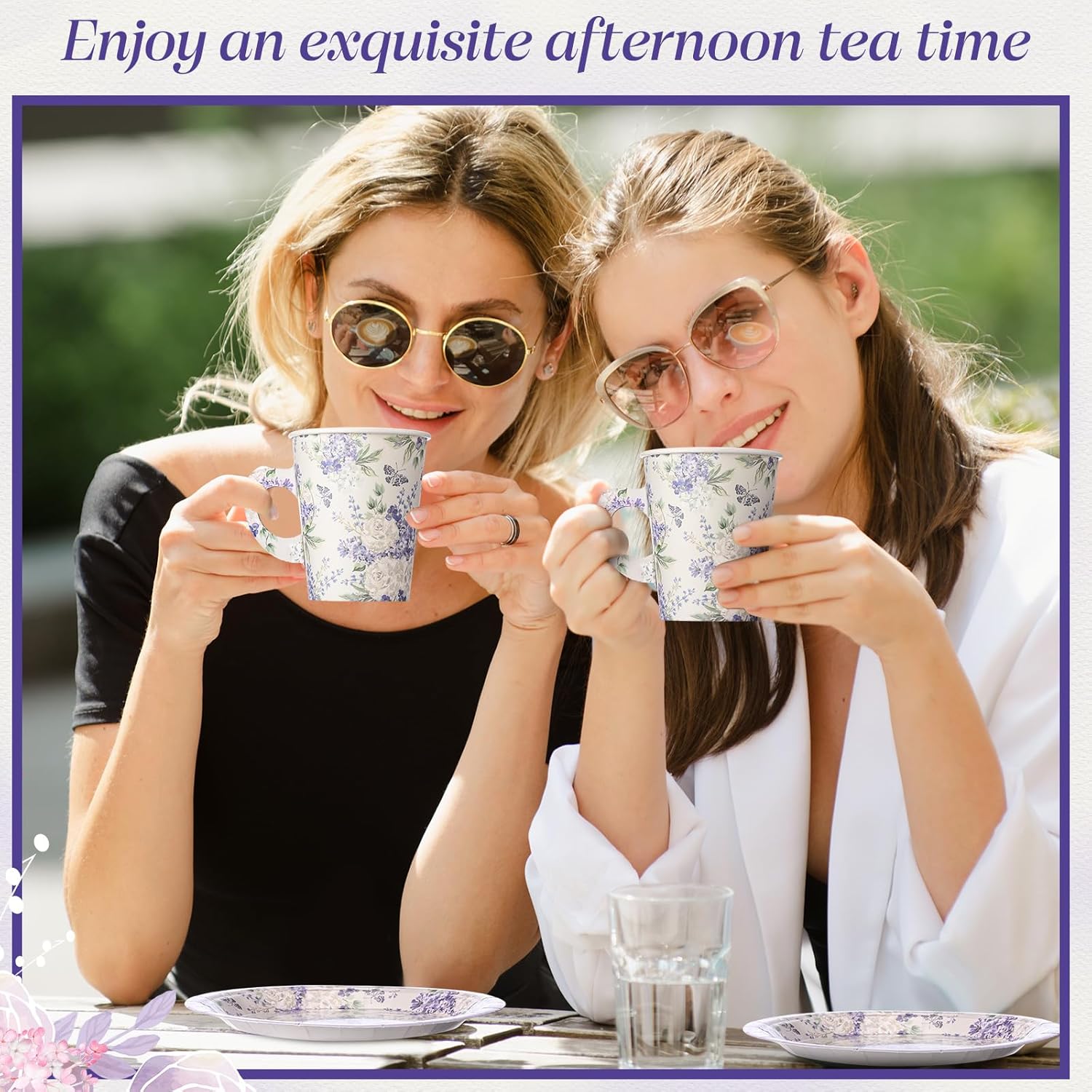 Rtteri 50 Set of 9oz Floral Tea Cups and Plates, Purple Violet Peony Teacups with Handles and Saucers for Hot & Cold Drinks, Good for Princess Birthday, Weddings, and Tea Party Decorations