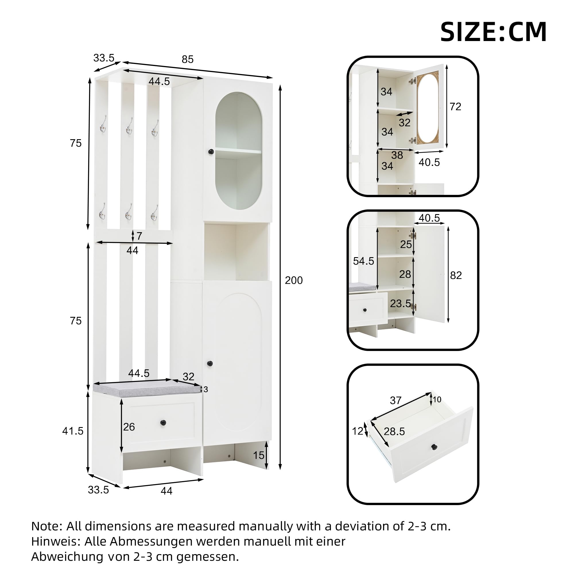 Merax Garderobenset Wandgarderobe, Kompaktgarderobe, Modern Flurgarderoben Set mit Schuhbank, Vitrine, Wandpaneelen, Kleiderhaken, Stylishe Garderobenständer für Flur Eingangsbereich, Flurmöbel, Weiß
