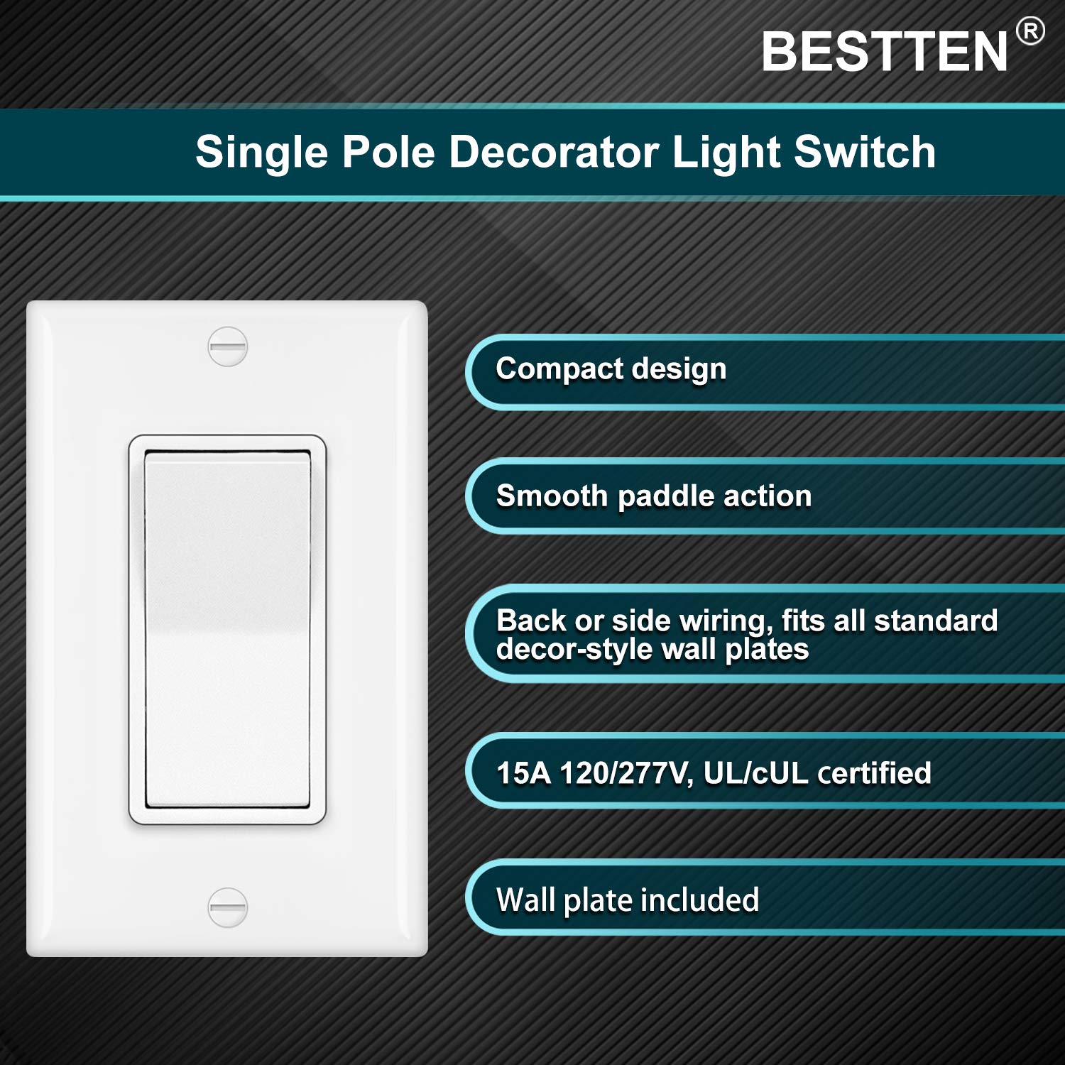 [30 Pack] BESTTEN Single Pole Wall Light Switch with Wallplate, 15A 120/277V, Decorator On/Off Rocker Paddle Interrupter, UL Listed, White: Tools & Home Improvement