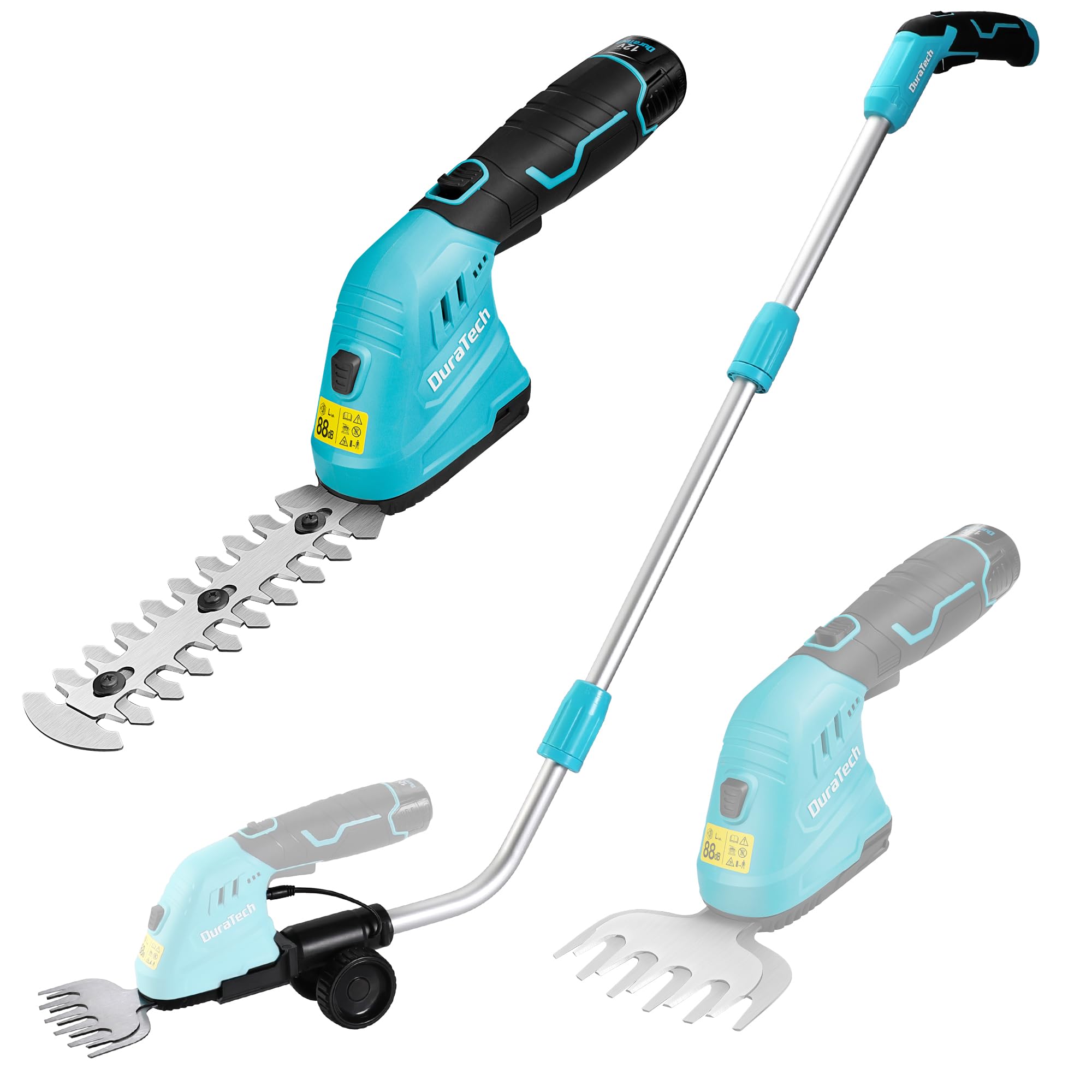 DURATECH 12V Tijera Cortacésped y Arreglasetos 2 en 1, Tijeras Eléctricos de Jardín con Alargador, Batería y Cargador, Cortasetos Eléctrico para Césped y Arbustos, para Jardinería