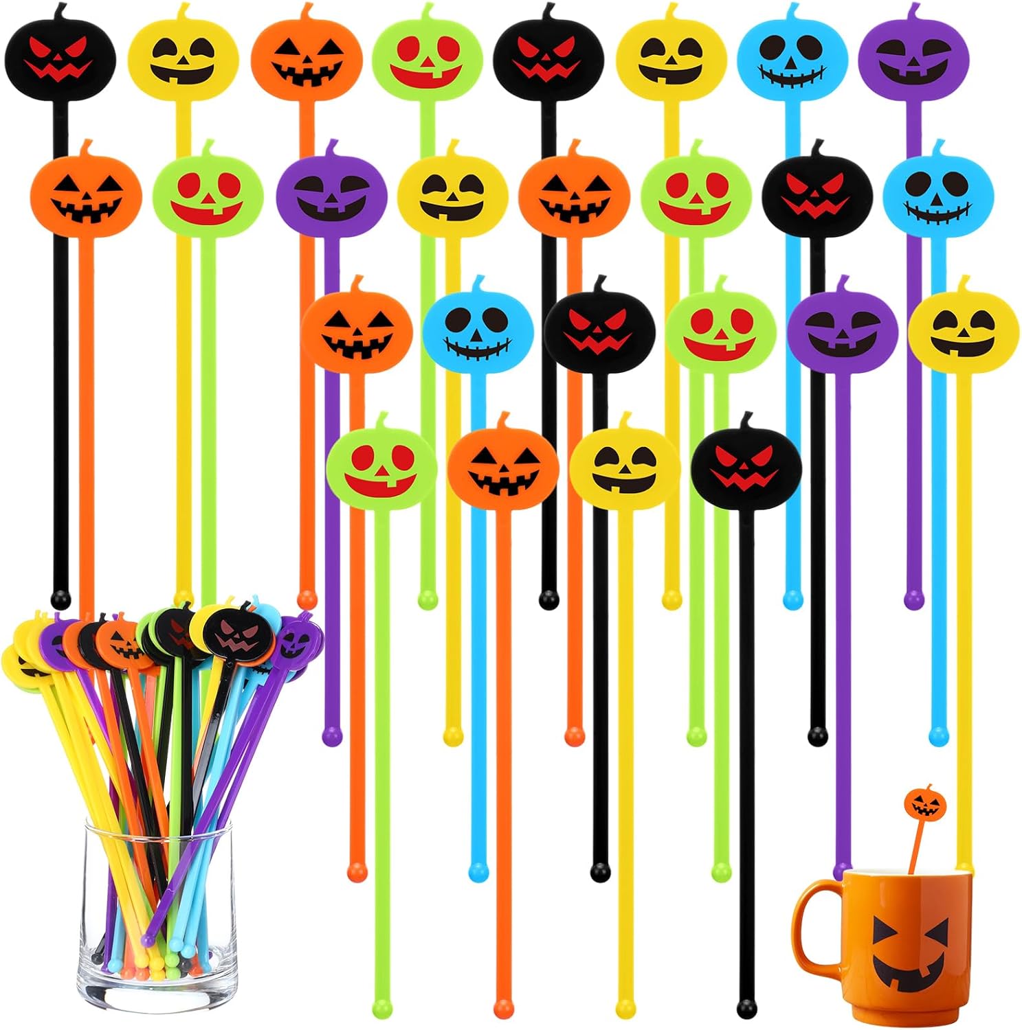 Reallnaive 30 Pcs Halloween Drink Stirrers Pumpkin Swizzle Sticks, Colorful