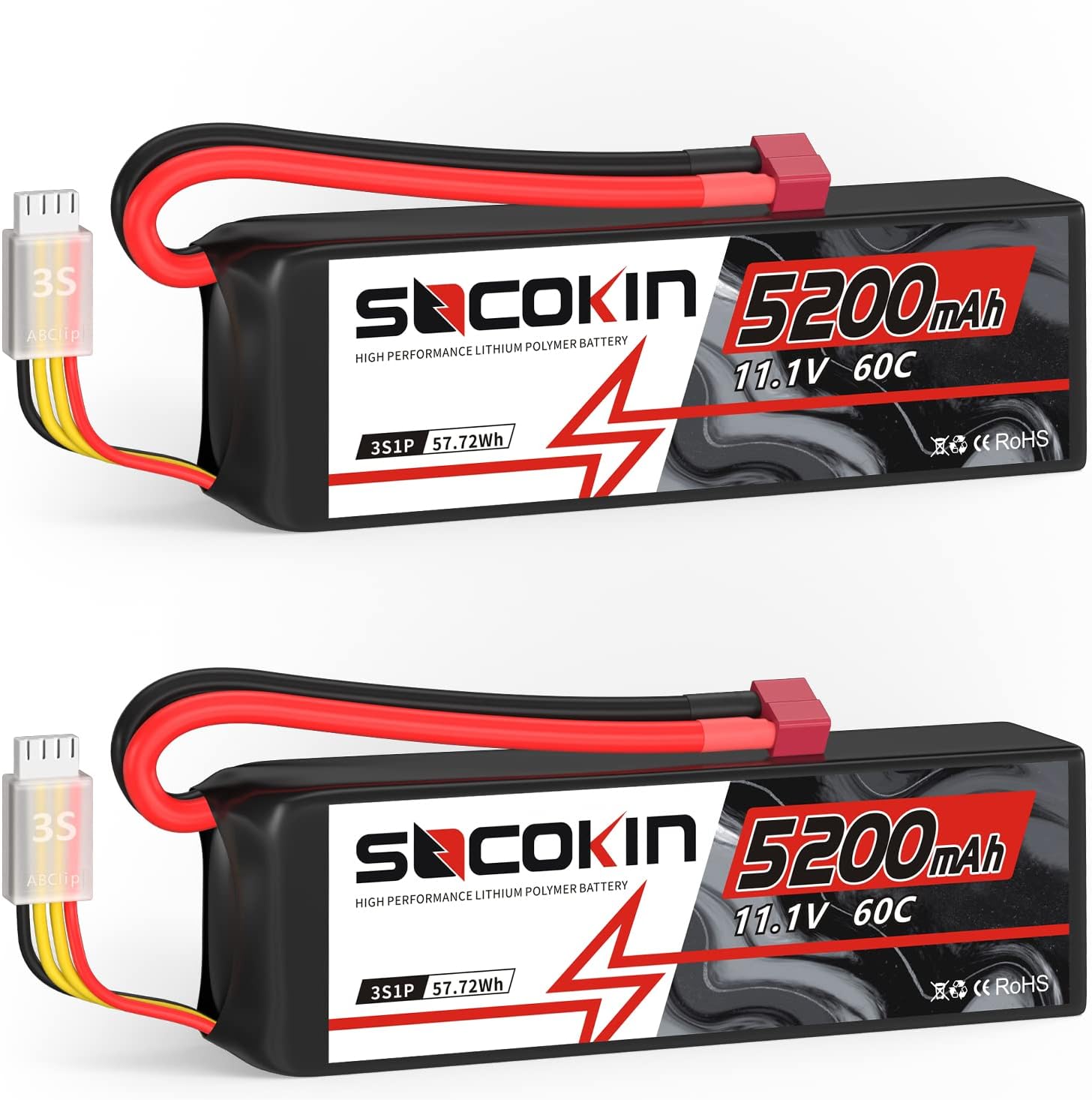 Socokin Lipo Battery 3S 11.1V 5200mAh 60C with Deans T Plug Soft Case for RC Car Model, RC Racing Car Heli Airplane Quadcopter Helicopter etc (2 Pack)