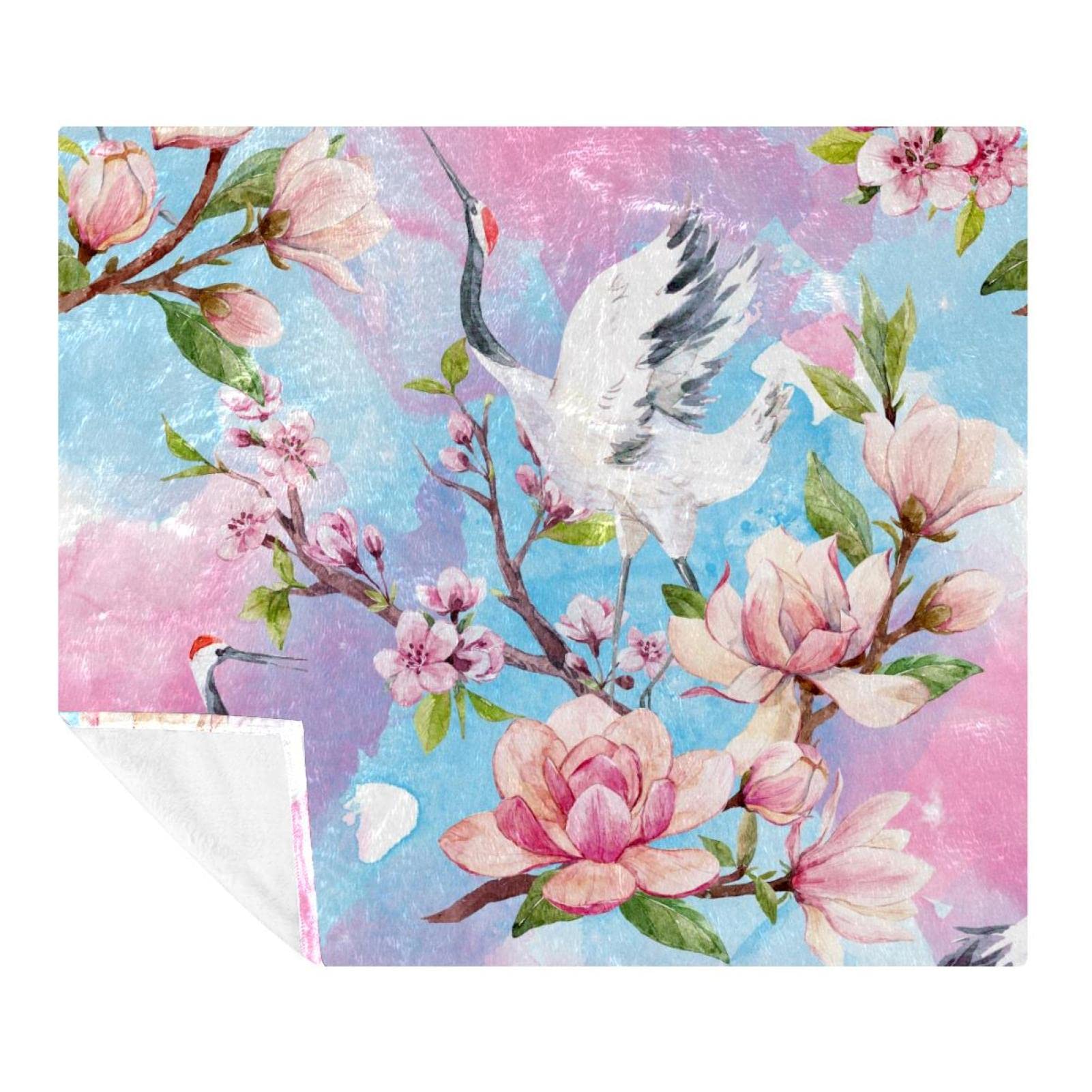 Couverture polaire douce grue et fleurs pour voyage lit et canapé de salon