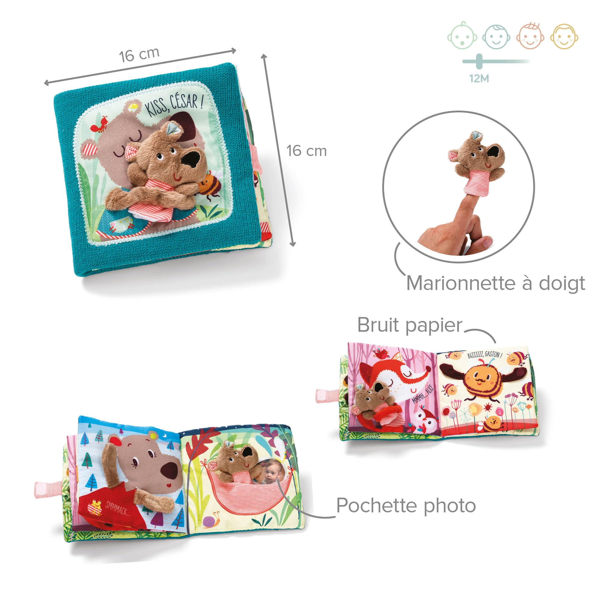 Lilliputiens - Livre d’Éveil en Tissu César Câlins - Livre Interactif avec Marionnette à Doigt - Histoire du Coucher pour Bébé - Idéal pour Stimuler l’Imagination et la Motricité - Dès 12 Mois -86863