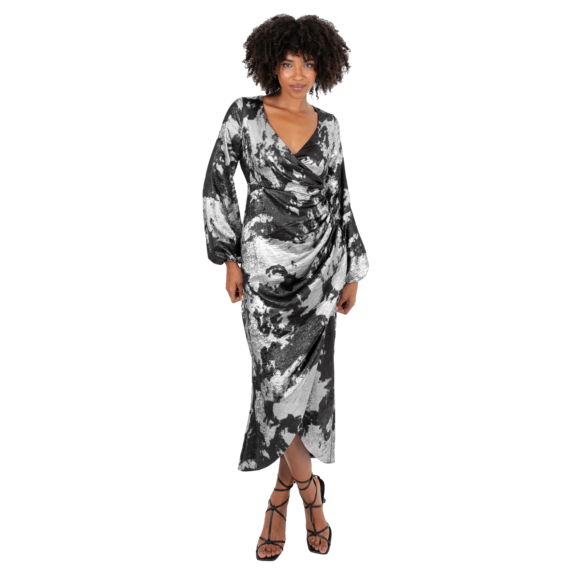 Lovedrobe Womens Black Silver Metallic Wrap Midi Dress, Long Sleeve V Neck Ruched Occasion Dress Size 22