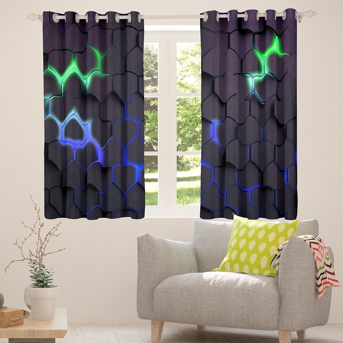 3D Honeycomb Curtains for Living Room,Geometric Hexagon Theme Window Drapes Bedroom Blackout 30%-50%,Blue Neon Lights Window Treatment Grommet Top 2 Panels Decor,38Wx45L