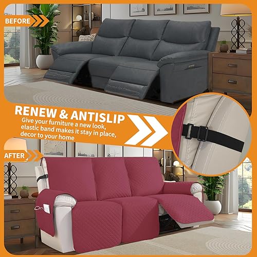 Vista 92 de XINEAGE Funda reclinable resistente al agua, fundas para sofá reclinable de 3 asientos con bolsillos, funda protectora acolchada gruesa para perros