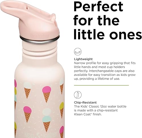 Miniatura 3 de Klean Kanteen Botella de agua clásica para niños de 12 onzas con tapa deportiva y popote de sello abatible, tapa 100% a prueba de fugas, material de