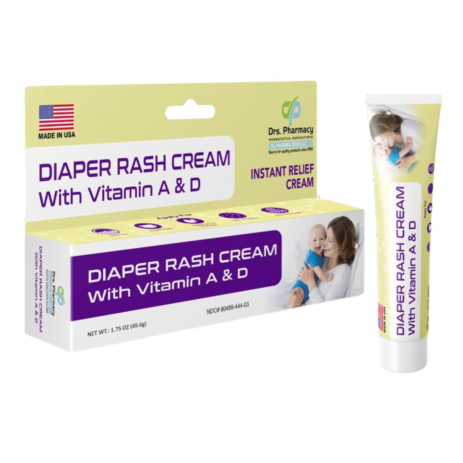Diaper Rash Cream with A & D, Baby Skin Protectant, Soothes & Prevents Rash, Cream, Petrolatum & Lanolin, Vitamins A & D, 1.75 oz, Made in USA