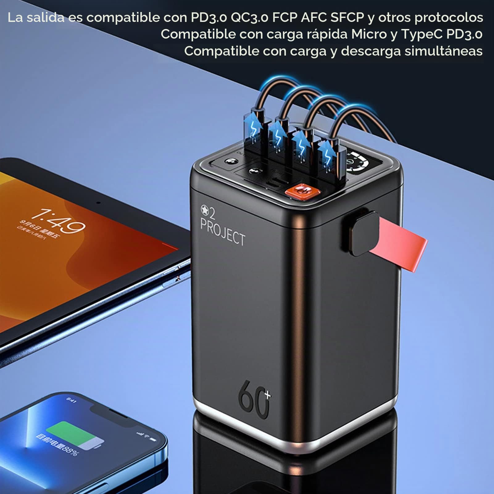 Ashata Estación de Energía Portátil con Batería de Litio 60000 mAh, Carga Rápida Bidireccional para Acampar al Aire Libre (Gris)