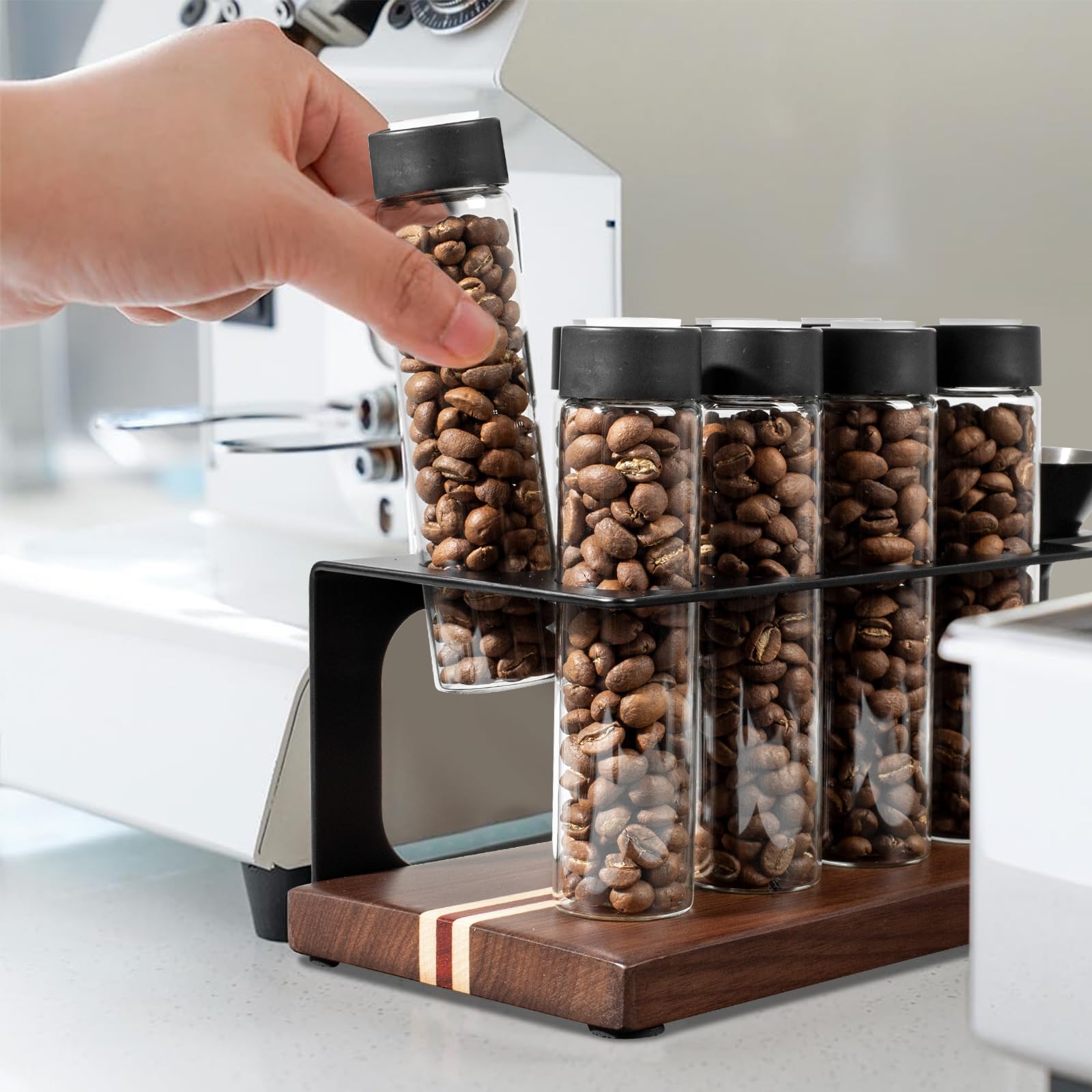 Walnuss Massivholzsockel Kaffeedosen 8 Röhren Kaffeebohnen | Aufbewahrung aus Holz für einzelne Portionen,Kaffeebohnen Behälter,Glasfläschchen mit Deckeln, Behälter-Displayständer