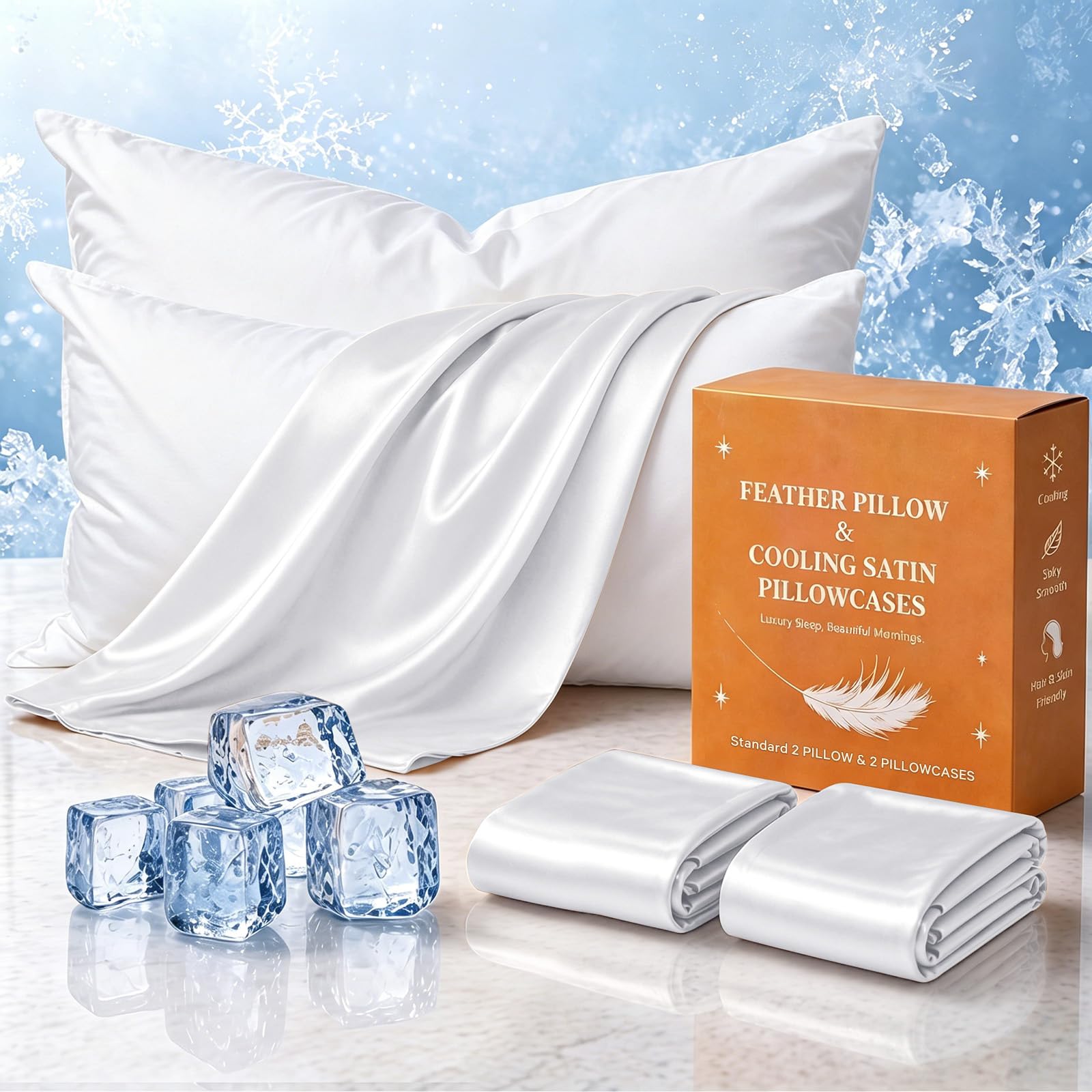 Photo 1 of BHZ White Satin Goose Down Feather Pillows Queen Size Set of 2 with Pillowcase for Hair and Skin, Cooling Pillow Cases Similar to Silk Pillow Cases, Decorative for Women, Mom Men
