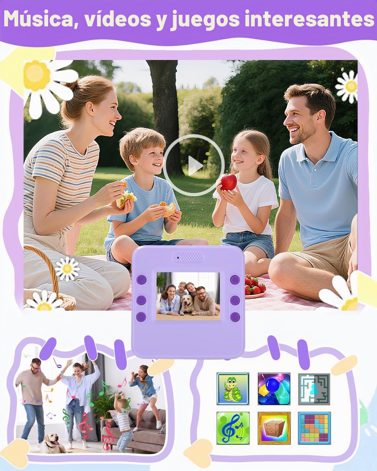Cámara instantánea para niños, 1080P HD, cámara instantánea con impresión instantánea, tarjeta SD de 32 GB y 5 rollos de papel fotográfico, regalo para niñas y niños a partir de 3 – 12 años