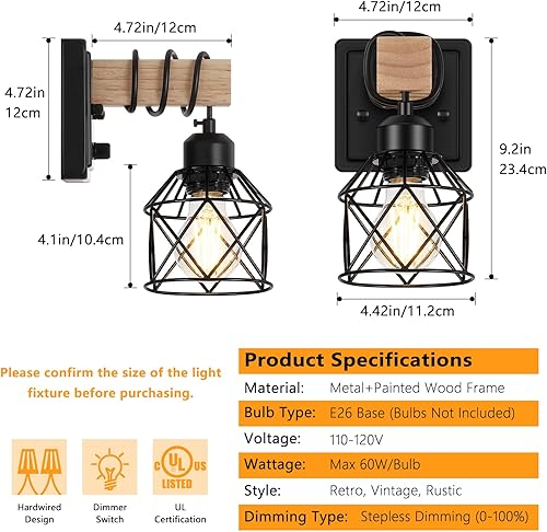 Miniatura 2 de FadimiKoo Juego de dos apliques de pared regulables, lámpara de pared de cabecera con interruptor giratorio, lámparas de baño negras de madera con