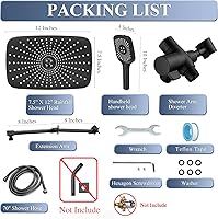 Vista 7 de Cabezal de ducha de lluvia de alta presión con combo de rociador de mano, cabezales de ducha de lluvia de 12 pulgadas con brazo de extensión