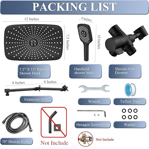 Miniatura 7 de Cabezal de ducha de lluvia de alta presión con combo de rociador de mano, cabezales de ducha de lluvia de 12 pulgadas con brazo de extensión