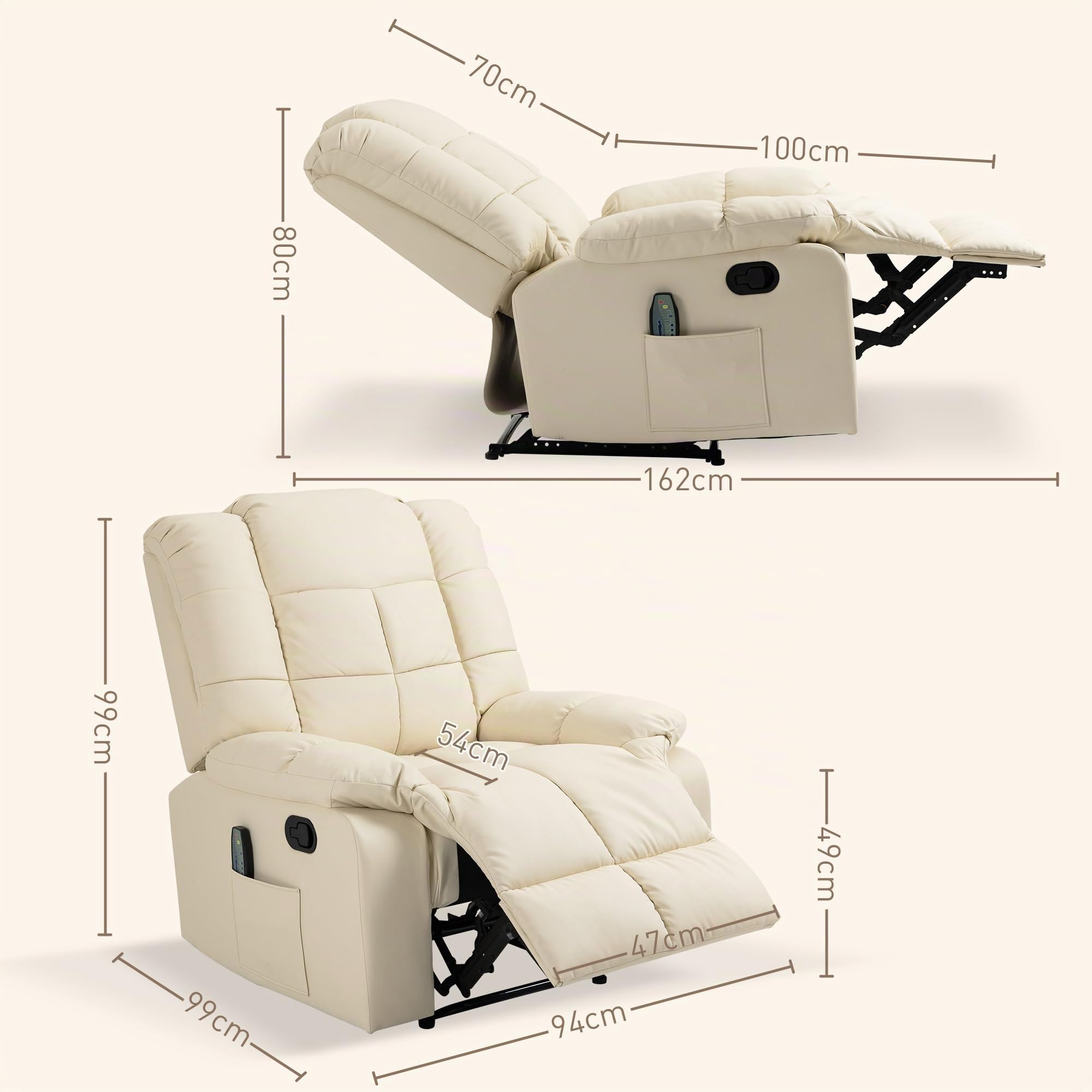 HOMCOM Relaxsessel Massagesessel mit Liegefunktion Vibration Cremeweiß | Fernsehsessel, Vibration, Seitentasche, TV Sessel, Liegesessel, Ruhesessel, Wohnzimmer