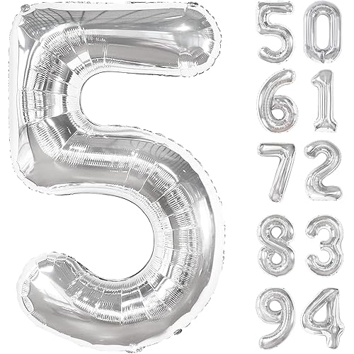 Silver 5 Balloon, Number Balloons 40 Inch, 5th Birthday Balloon Decorations, Silver Party Supplies, 5 Number Balloons, Number 5 Balloon