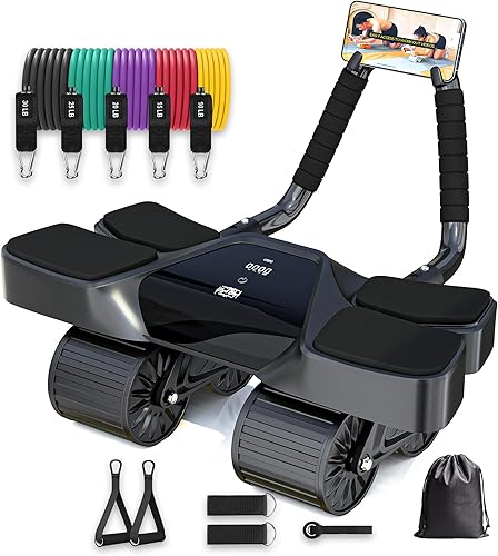 Ab Roller - Equipo de gimnasio en casa – Rodillo muscular de 4 ruedas con pantalla LCD, 5 bandas de resistencia, correas de tobillo, anclaje de