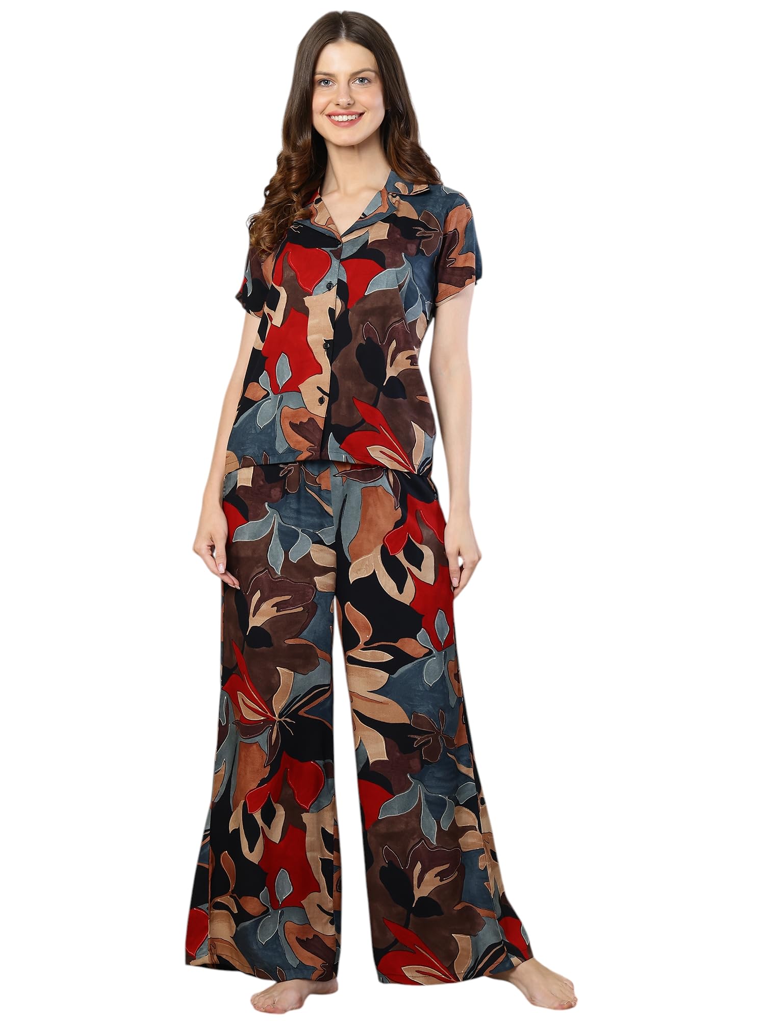 claura Women's Floral Print Night Suit, Short Sleeve Shirt with Wide Leg Pyjama Set-picture-44