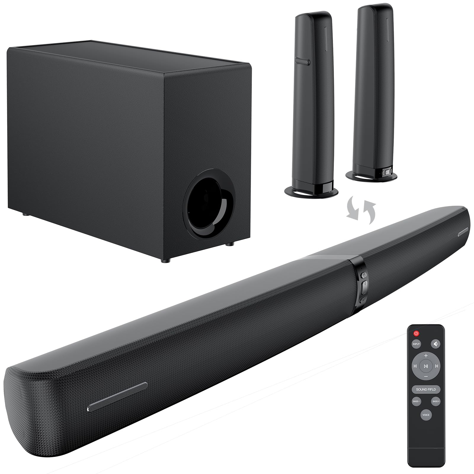 Yinet-EU Soundbar mit Subwoofer für TV Geräte, 2-in-1 abnehmbare Sound bar, 120W, kräftiger Bass, 3 Modi, kompatibel mit Bluetooth 5.3/ARC/Opt/AUX für TV, PC, Gaming, Beamer 1 Pcs (Schwarz)