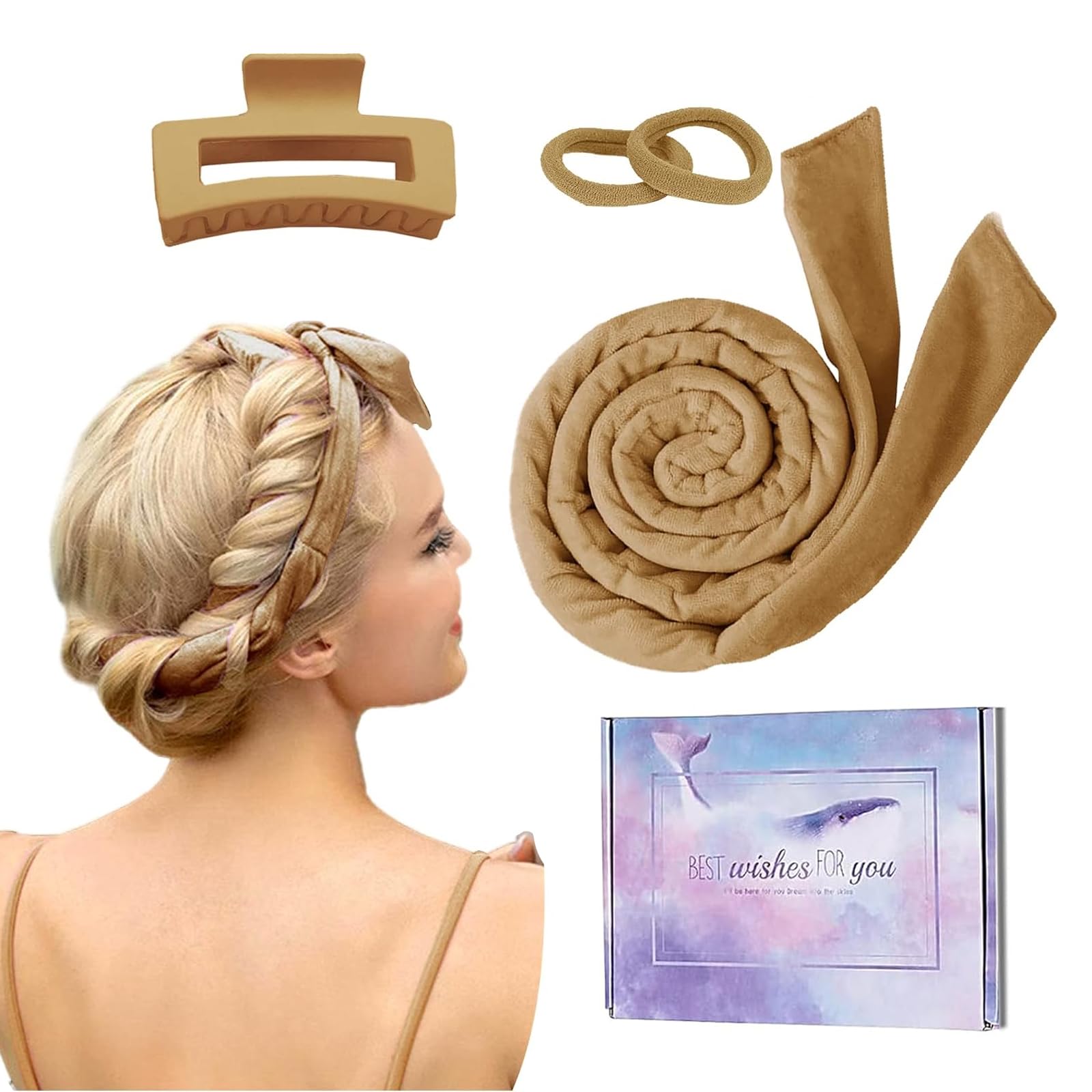 Rizador de pelo sin calor, diy heatless hair curlers, terciopelo rizador pelo sin calor, rizador pelo ondas sin calor, rizadores de pelo sin calor con cabello medio y largo (Beige)