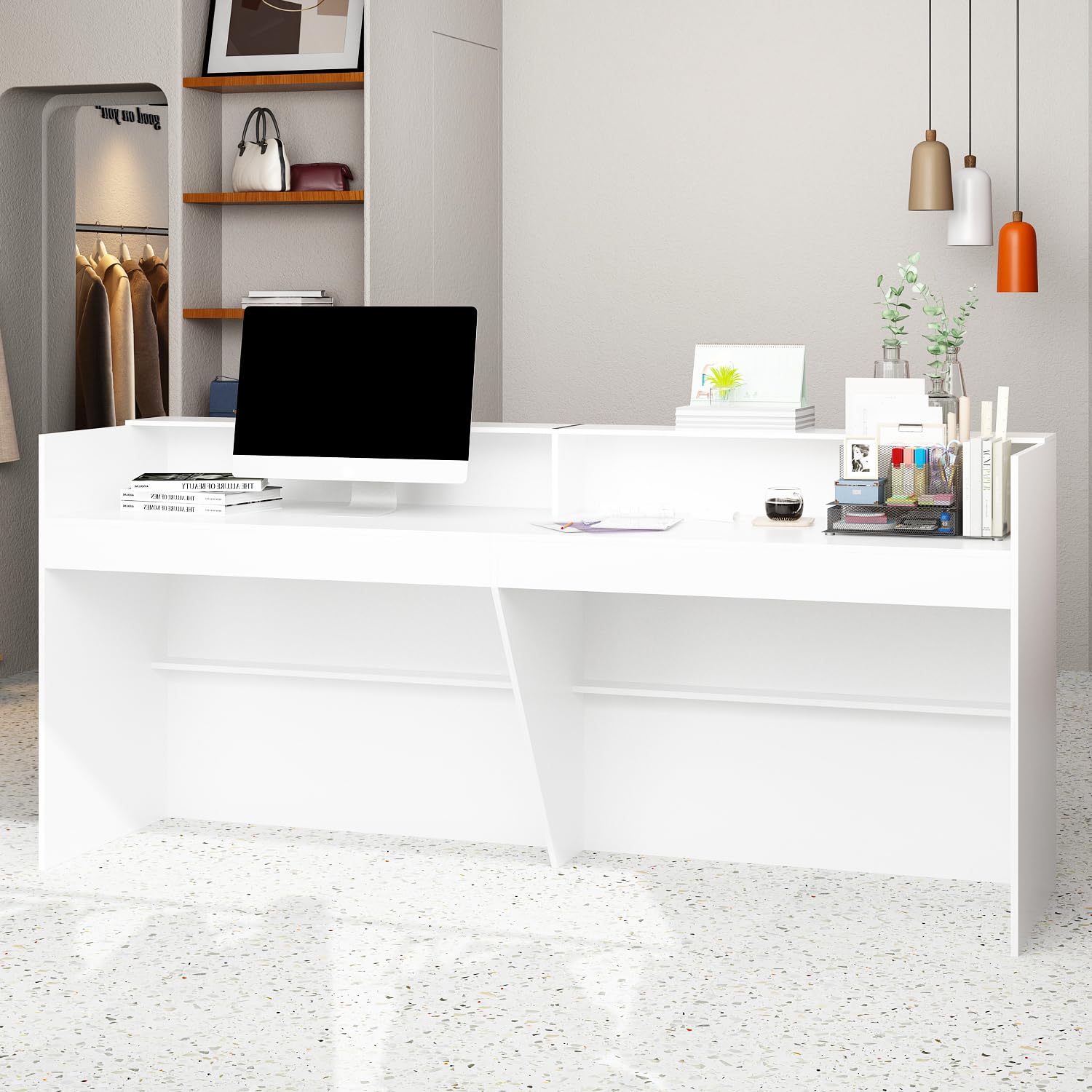 Banco di Ricevimento Con Grande Superficie di Lavoro, Bancone Della Reception, Tavolo da Ufficio Con Protezione per la Privacy, Bianco, 220 x 60 x 100 cm