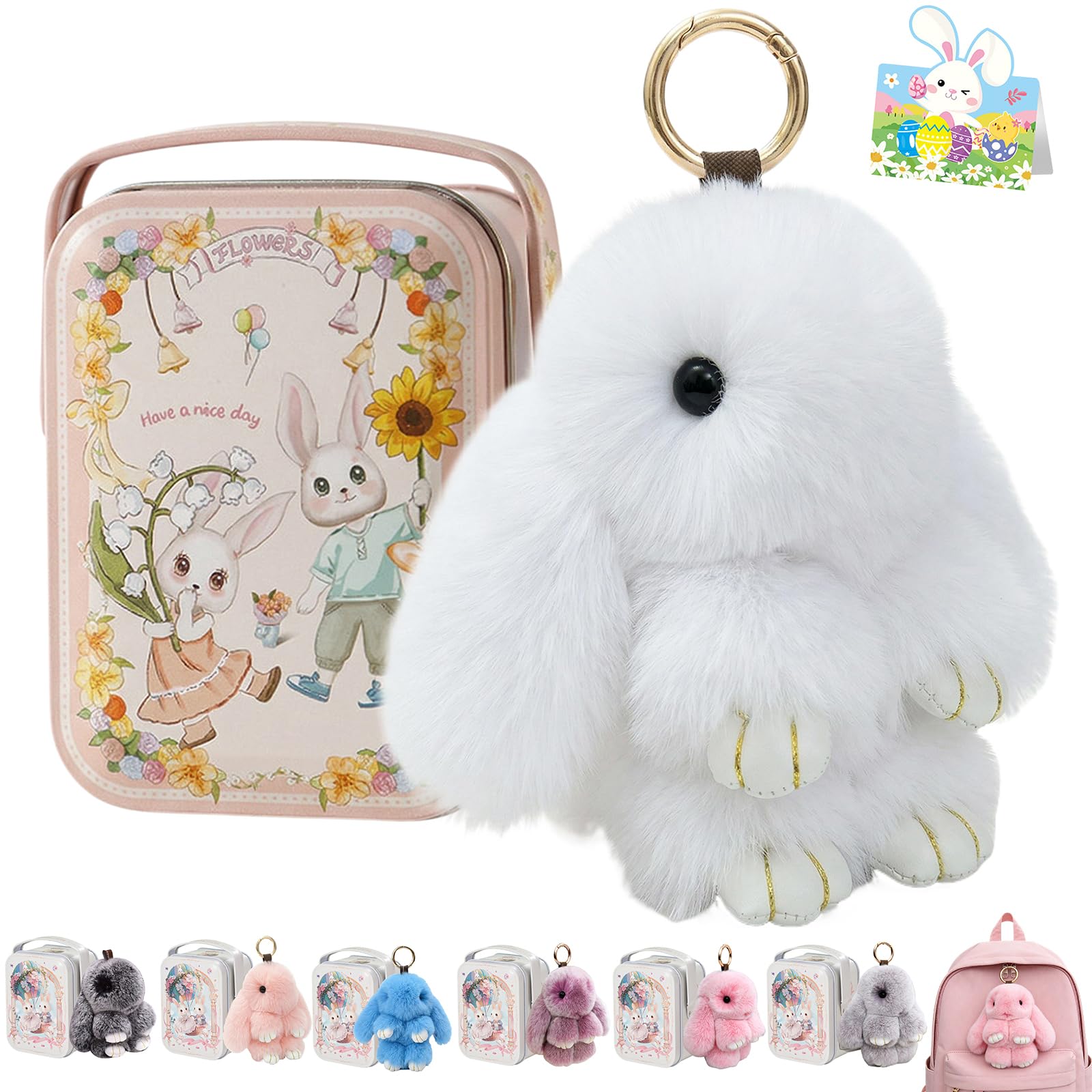 Bunny Lulu Keychain With Tin Box, Bunny Keychain Charm Bao Rabbit Pompom For Bags, Easter Girls Women Gift — view 9