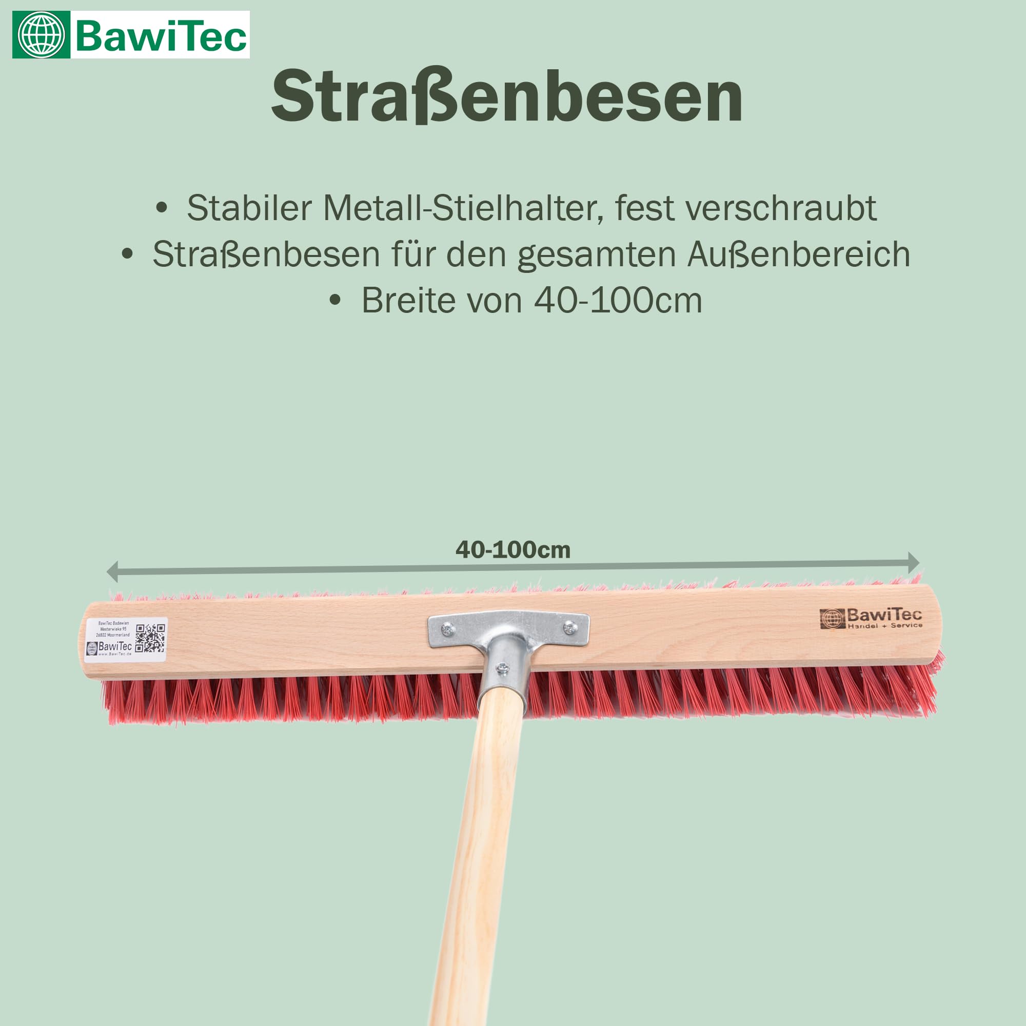 Profi Straßenbesen 60cm Breit mit Stiel 160cm rote Borsten Besen Holzstiel | Metall-Stielhalter Verschraubt, Elaston-Kunststoffborsten, Rot, Kehrbesen für Draußen