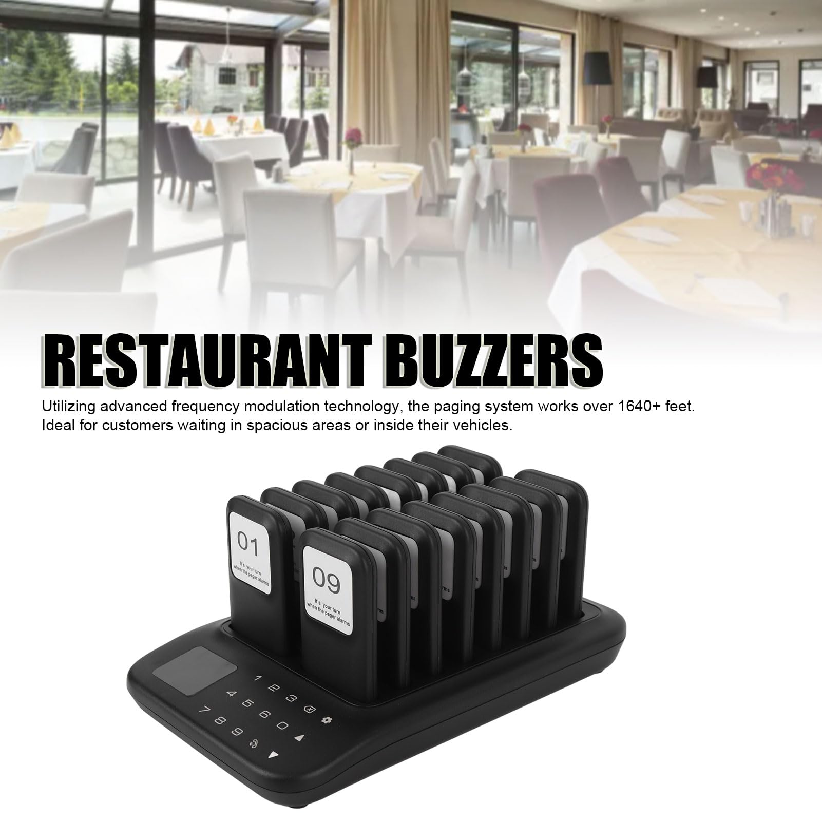 Restaurant Pager System, Pagers for Restaurants, 1640ft Range, Buzzer Flash Vibration, 16 Pagers for Food Truck, Bars, Food Court (Black)