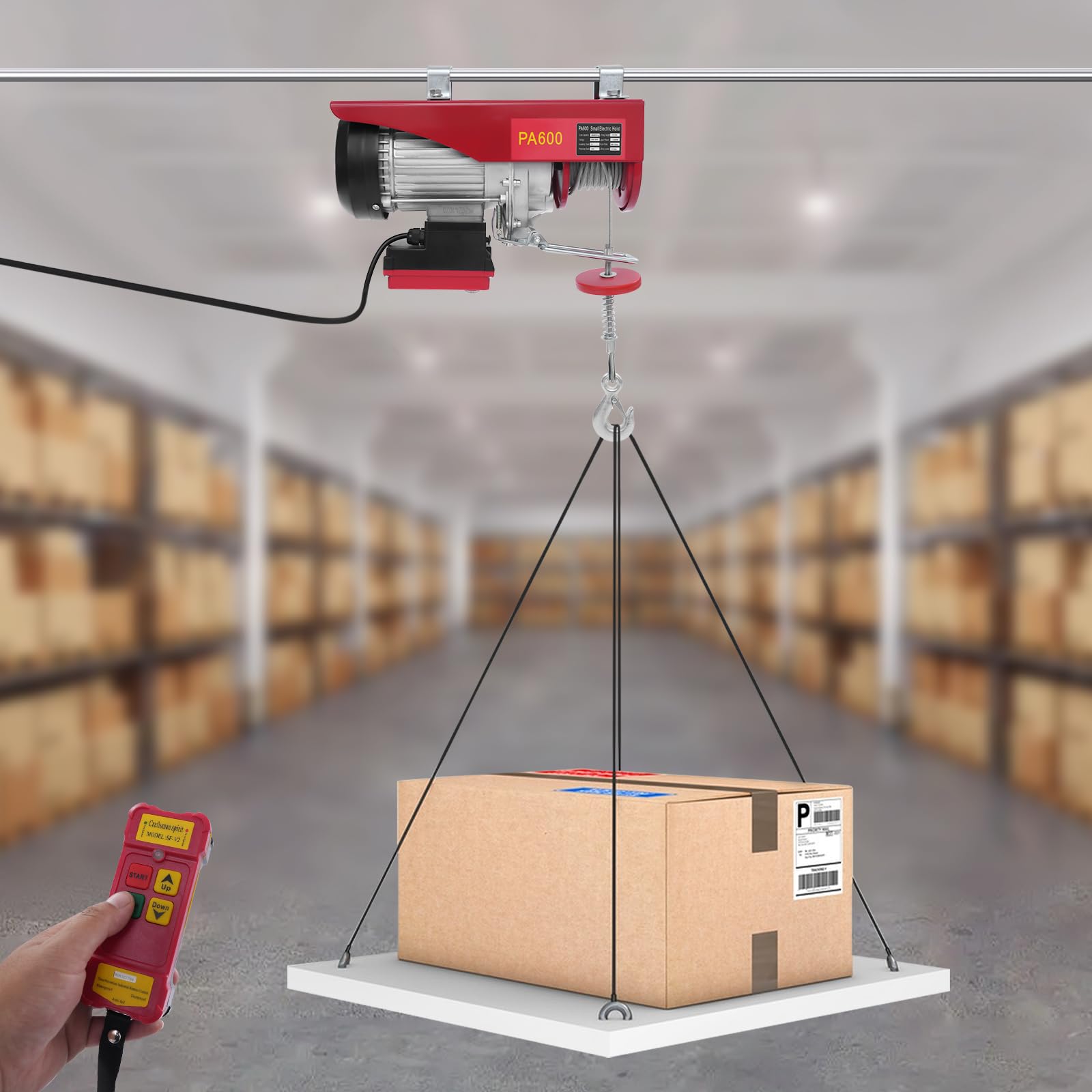 Elektrische Seilwinde 300kg bis 600kg Hubhöhe 12m Seilzug Motorwinde 1200W Kupfermotor Flaschenzug 10m/min Hebezug mit Kabelloser Fernbedienung Seilhebezug Kettenzug,für Fabriken, Docks, Rot