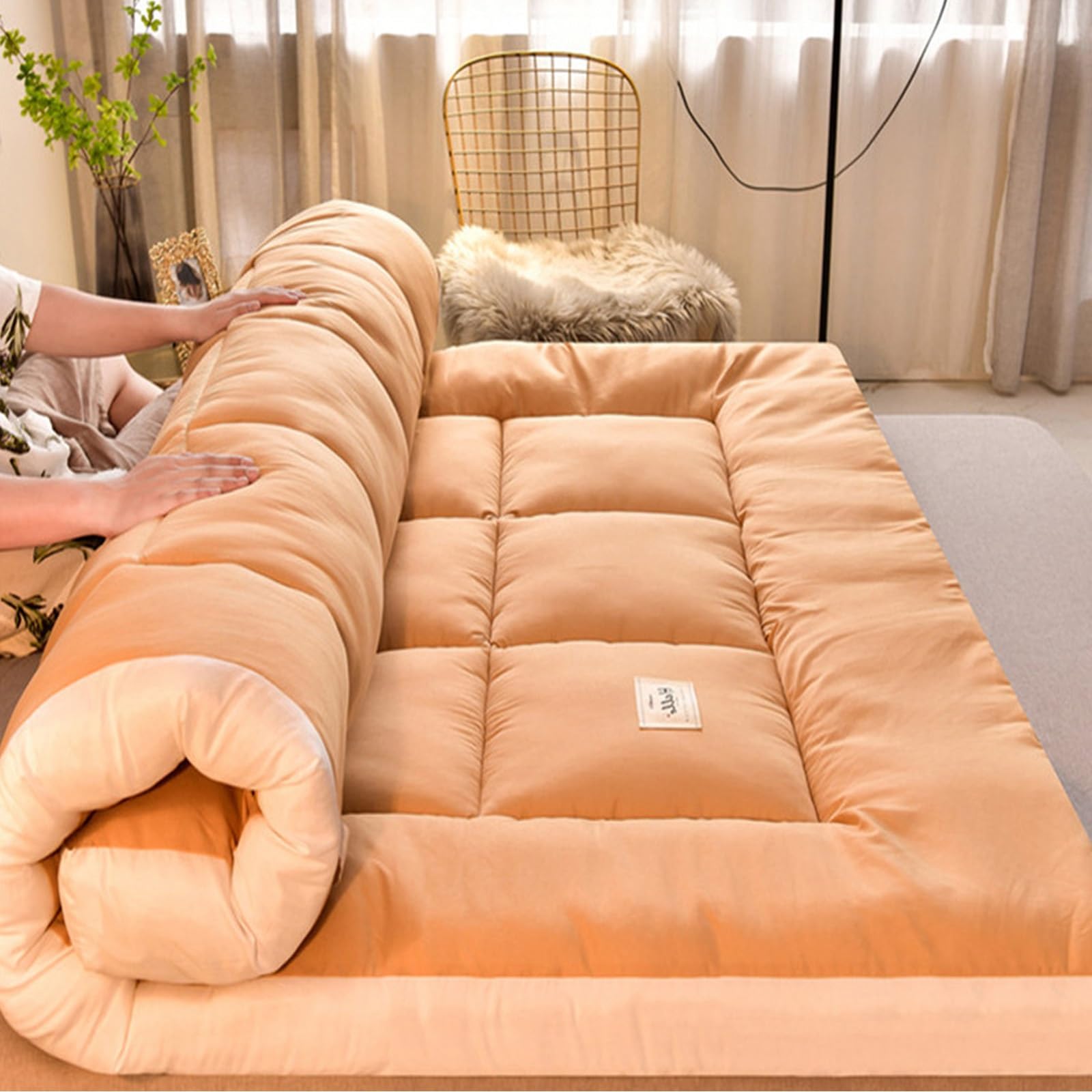 Futon Japones Plegable y Enrollable, Tatami Suelo para Dormir, Colchoneta para Invitados, Sala de Estar, Dormitorio (Brown, 150x200cm)