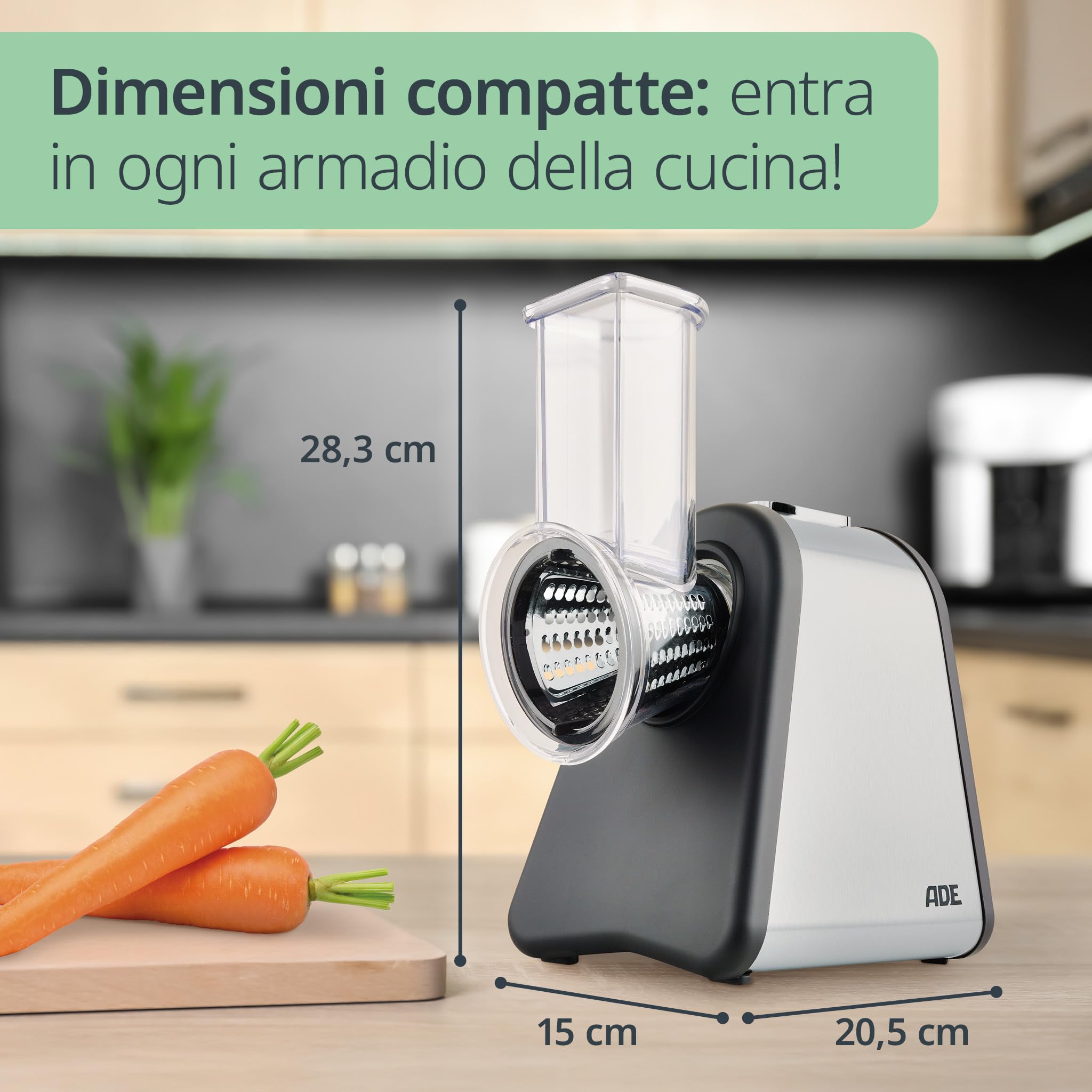 ADE Taglia verdure elletrico | grattugia e mandolina elettrica da cucina con 4 inserti extra-affilati | affeta verdure | tagliaverdure multifunzione | fino a 500 W