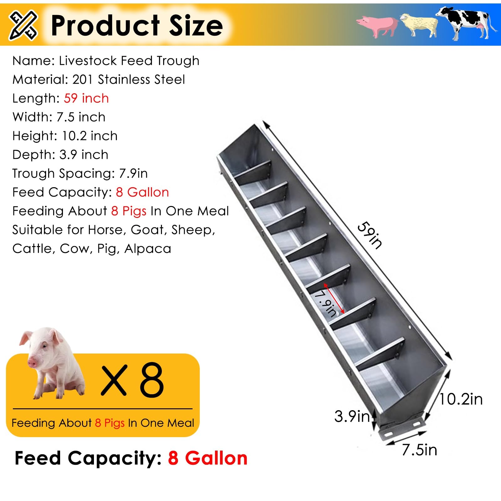 Generisch Futtertrog, Hochleistungs-Futtertrog aus Edelstahl für Ziegen – 20", 39", 59", 79", Heuspender, 8-Kammer-Design für 4/5/8/10 Ziegen, ideal für Schaf- und Schweineställe