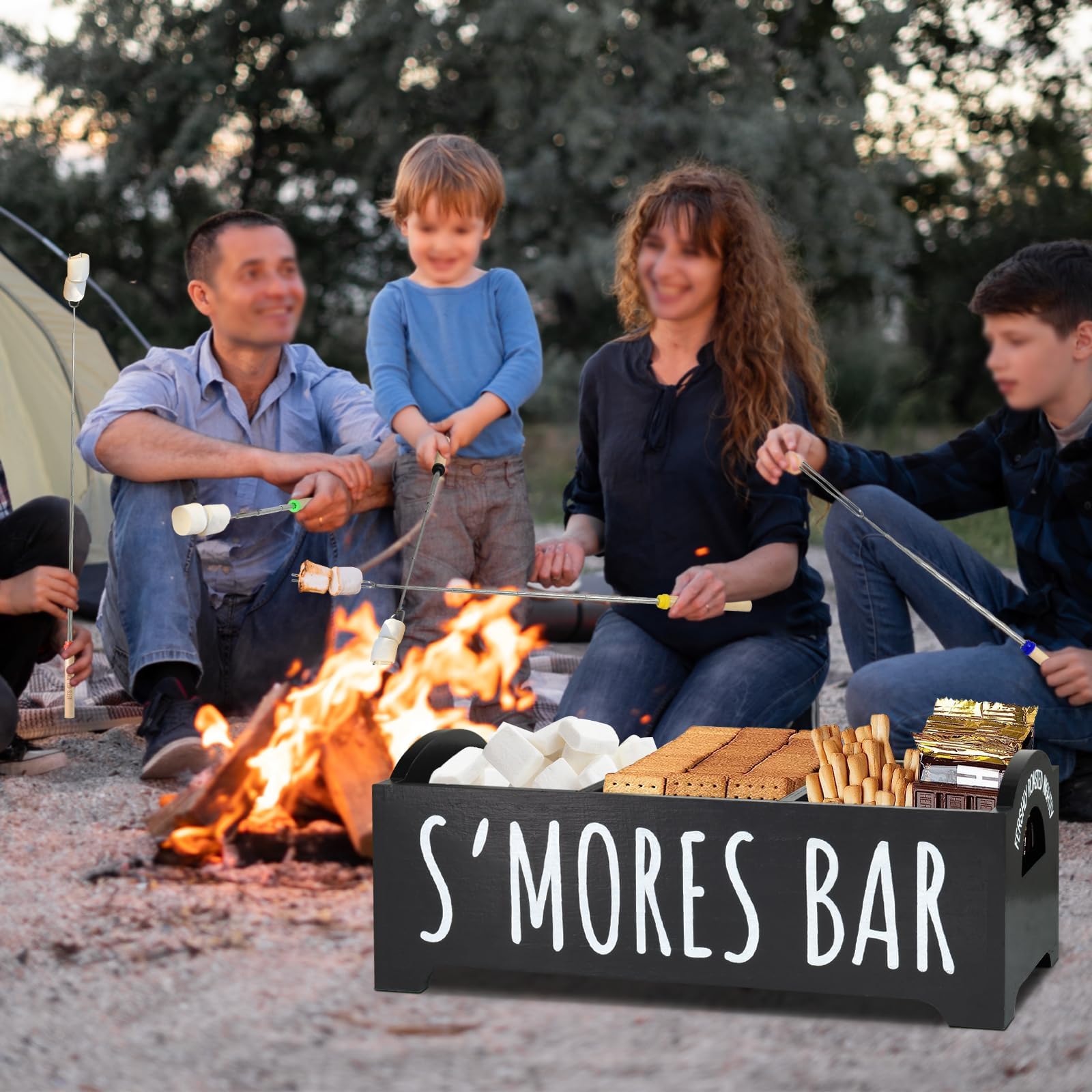 Cajas decorativas para Smores Caddy, estación de madera S'Mores con asas, kit de Smores negros para caja para hacer smores de hoguera