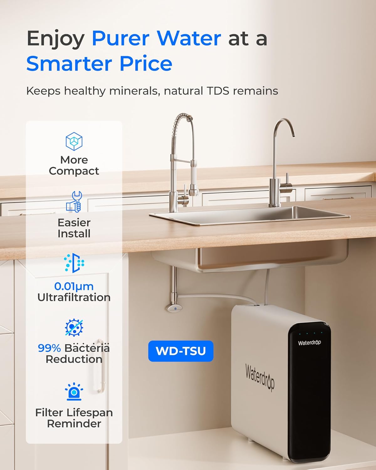 Waterdrop TSU ultrafiltration 0.01 micron sous évier sans rejet eau PFAS
