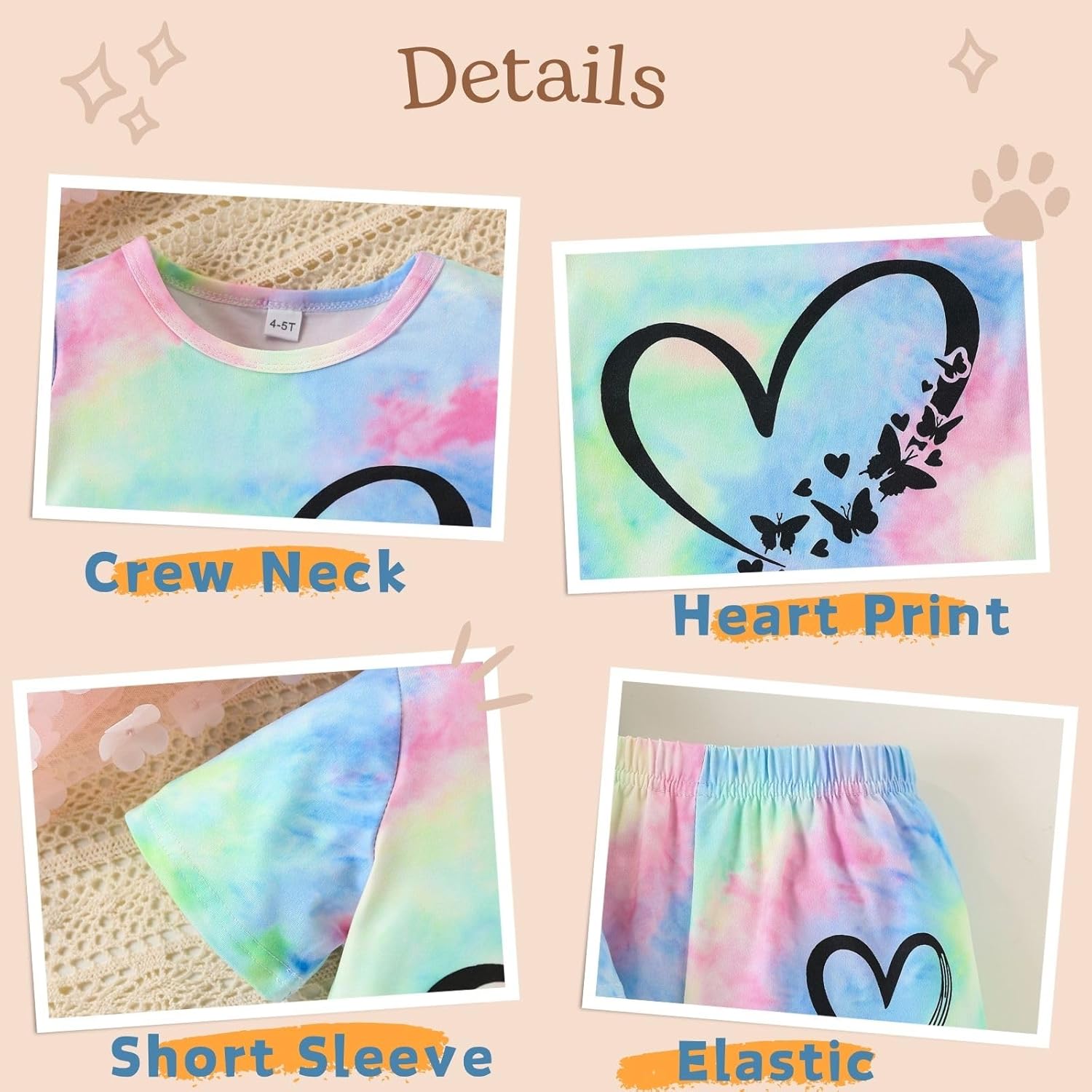Kids Girl Clothes Tie Dye Heart Print Short Sleeve Top and Shorts Toddler Girl Summer Outfits Short Set - Image 6