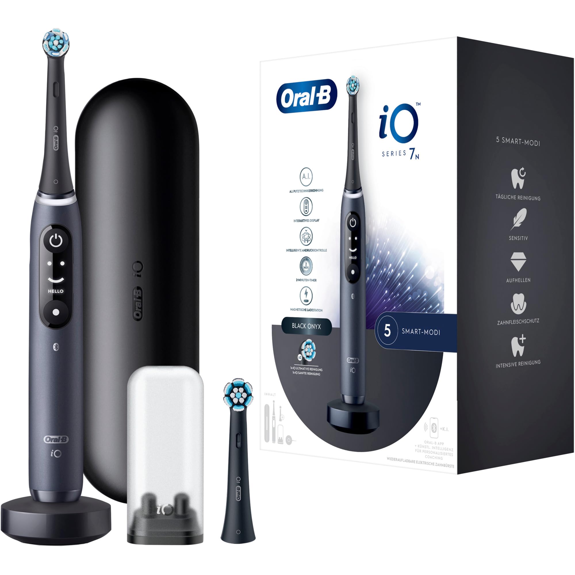 Oral-B Cepillo de dientes eléctrico iO Series 7, 2 cabezales de cepillo de dientes de repuesto, 5 modos de limpieza para cuidado dental, tecnologÃa magnética, pantalla y estuche de viaje, regalo para