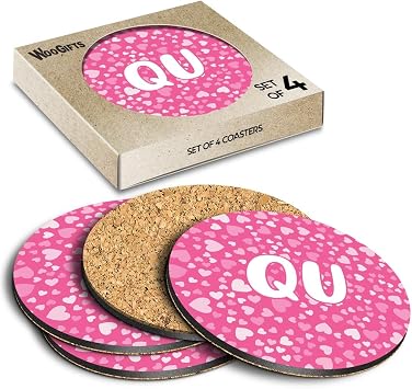 4 x Boxed Round Coasters - Letters QU Pink Hearts Love Lettering Name Initial Cork Backed MDF Glossy Tea Coffee Accessory #266881