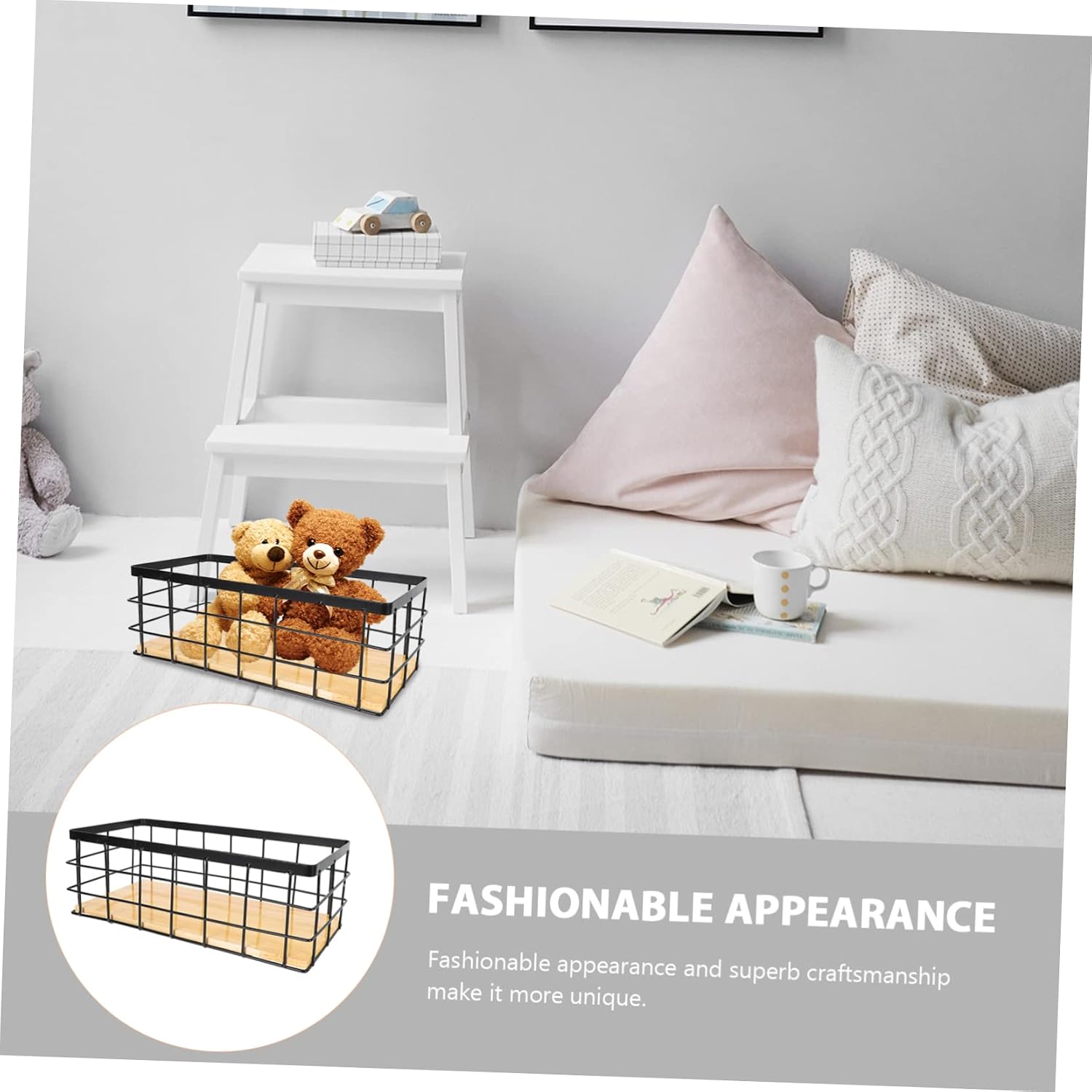 1 Set Black Iron Art Desktop Storage Basket with Wood Board Wall Mounted Sundries Holder for Home Bathroom Kitchen Lightweight Organizer for Daily Essentials image 3
