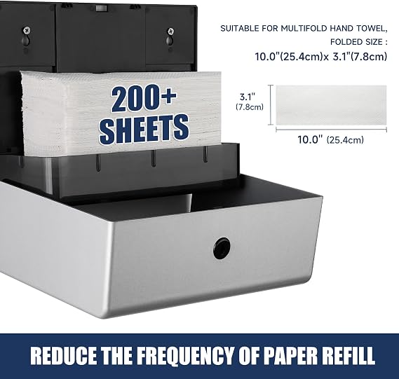 AIKE 200-Sheet Multifold Paper Towel Dispenser,No-Drill Wall Mount,Silver
