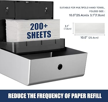 AIKE 200-Sheet Multifold Paper Towel Dispenser,No-Drill Wall Mount,Silver