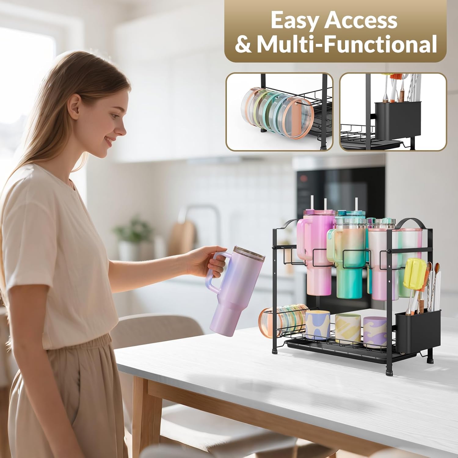 Stanley Cup Holder, Height Adjustable Water Bottle & Tumbler Drying Rack for Stanley, Owala and Other Brands, Tumbler Organizer for Kitchen Cabinet, Counter-top (Black)