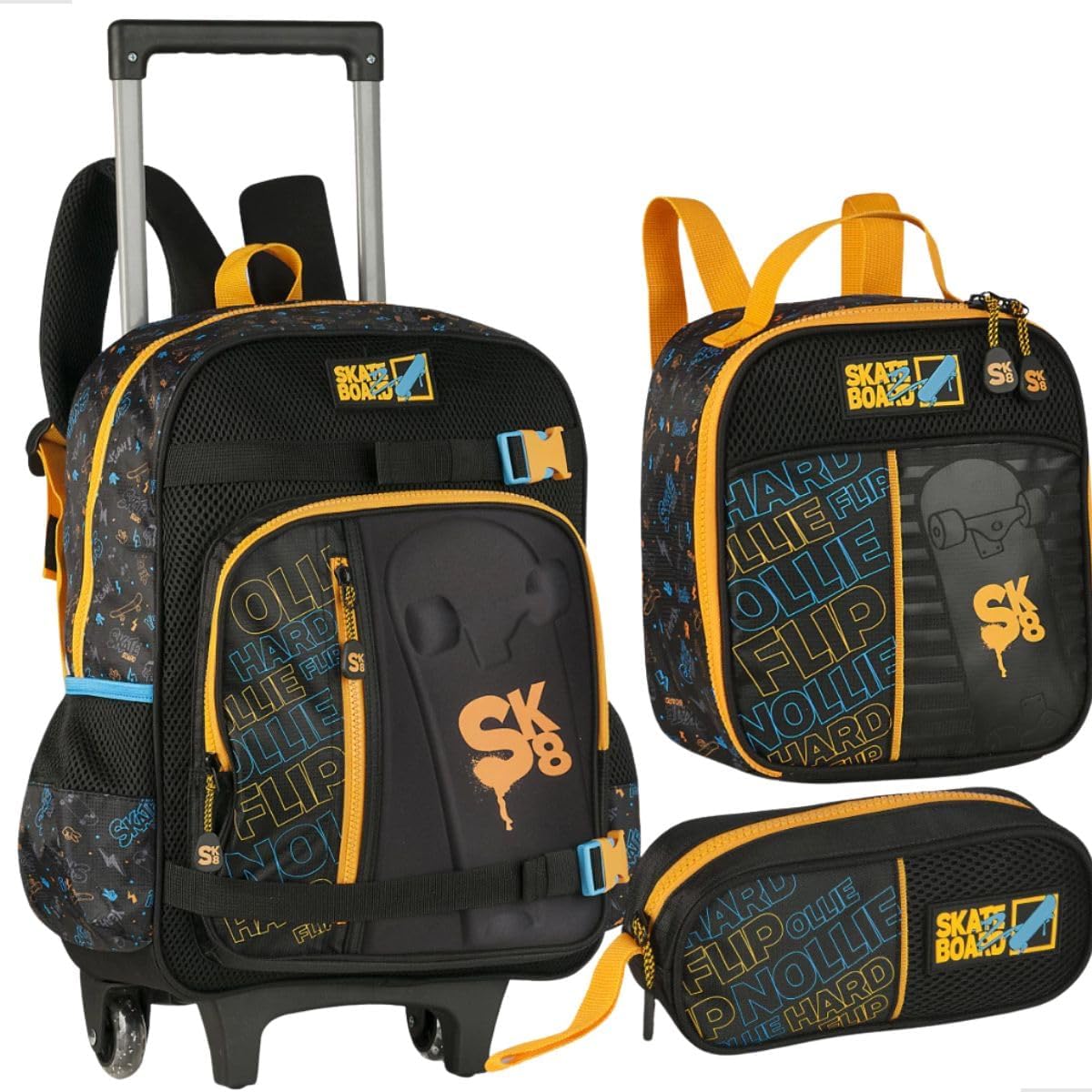 Clio Kit Escolar Completo, Mochila de Rodinhas com Skate Board, Lancheira Térmica e Estojo, Preto e Amarelo, Design Juvenil