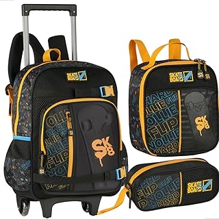 Clio Kit Escolar Completo, Mochila de Rodinhas com Skate Board, Lancheira Térmica e Estojo, Preto e Amarelo, Design Juvenil