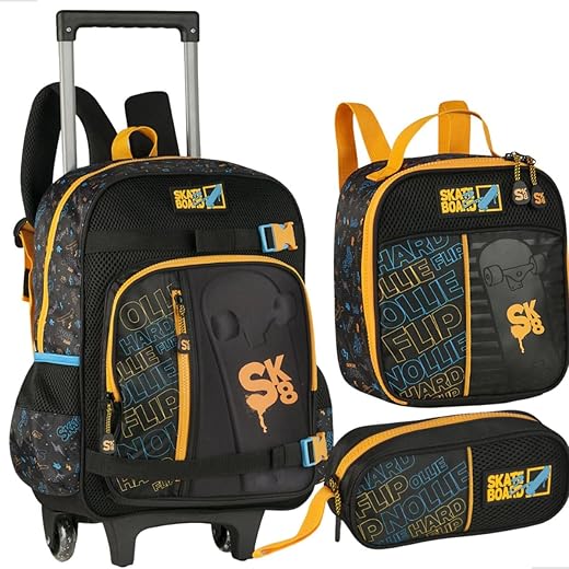 Clio Kit Escolar Completo, Mochila de Rodinhas com Skate Board, Lancheira Térmica e Estojo, Preto e Amarelo, Design Juvenil
