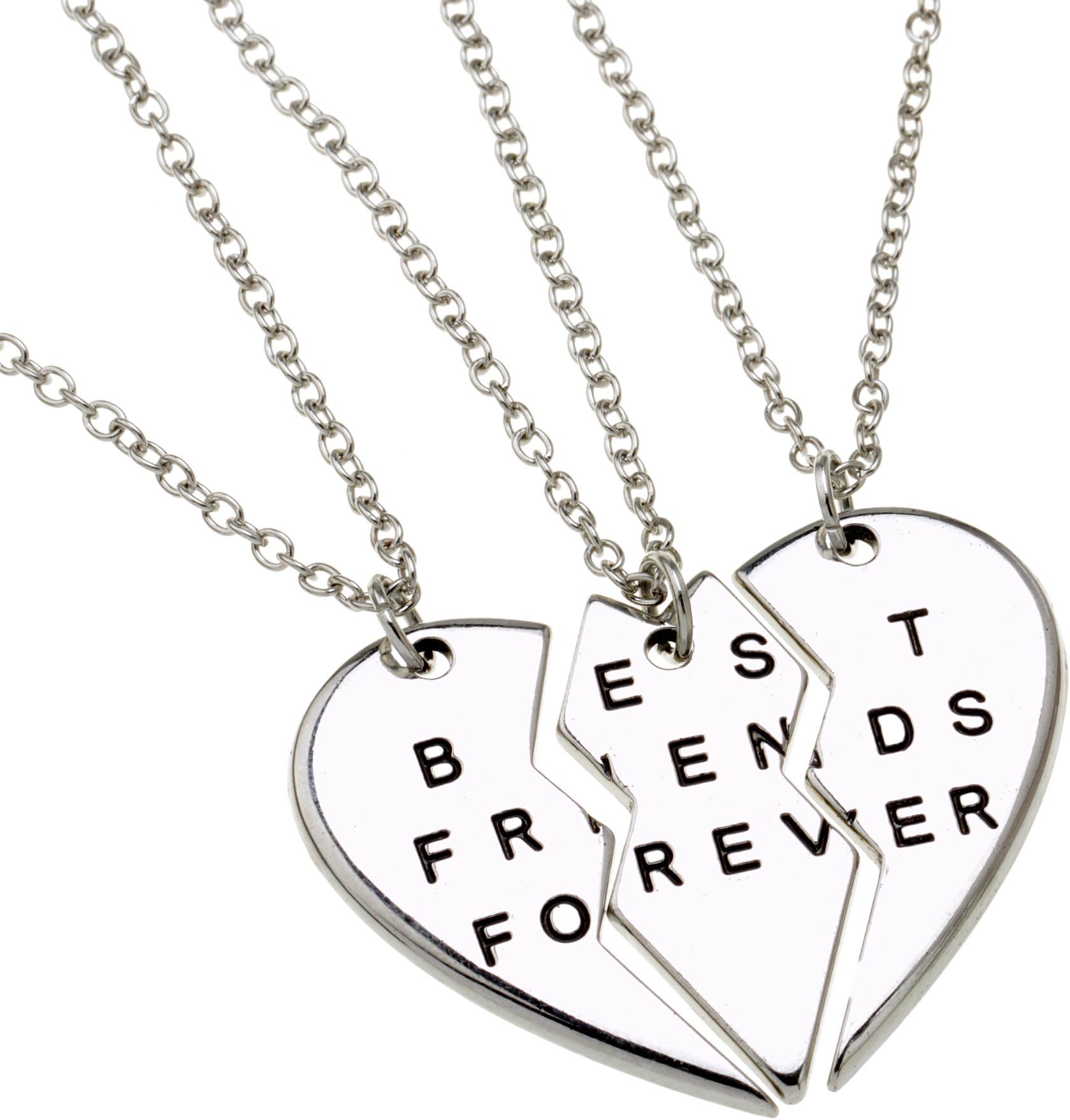 ISHOW Three Half Silver Tone Heart Best Friend Forever Engraved Long Pendant Necklace (3pcs)