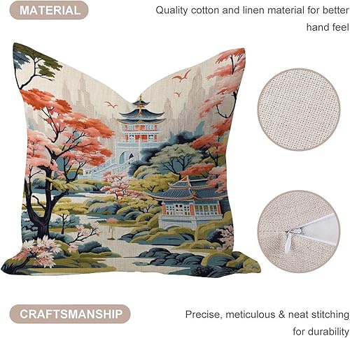 Miniatura 5 de Fundas de almohada suaves para exteriores de 20 x 20 pulgadas, estilo chinoiserie, pagoda asiática, blanco, coral, azul, elegante, funda de almohada