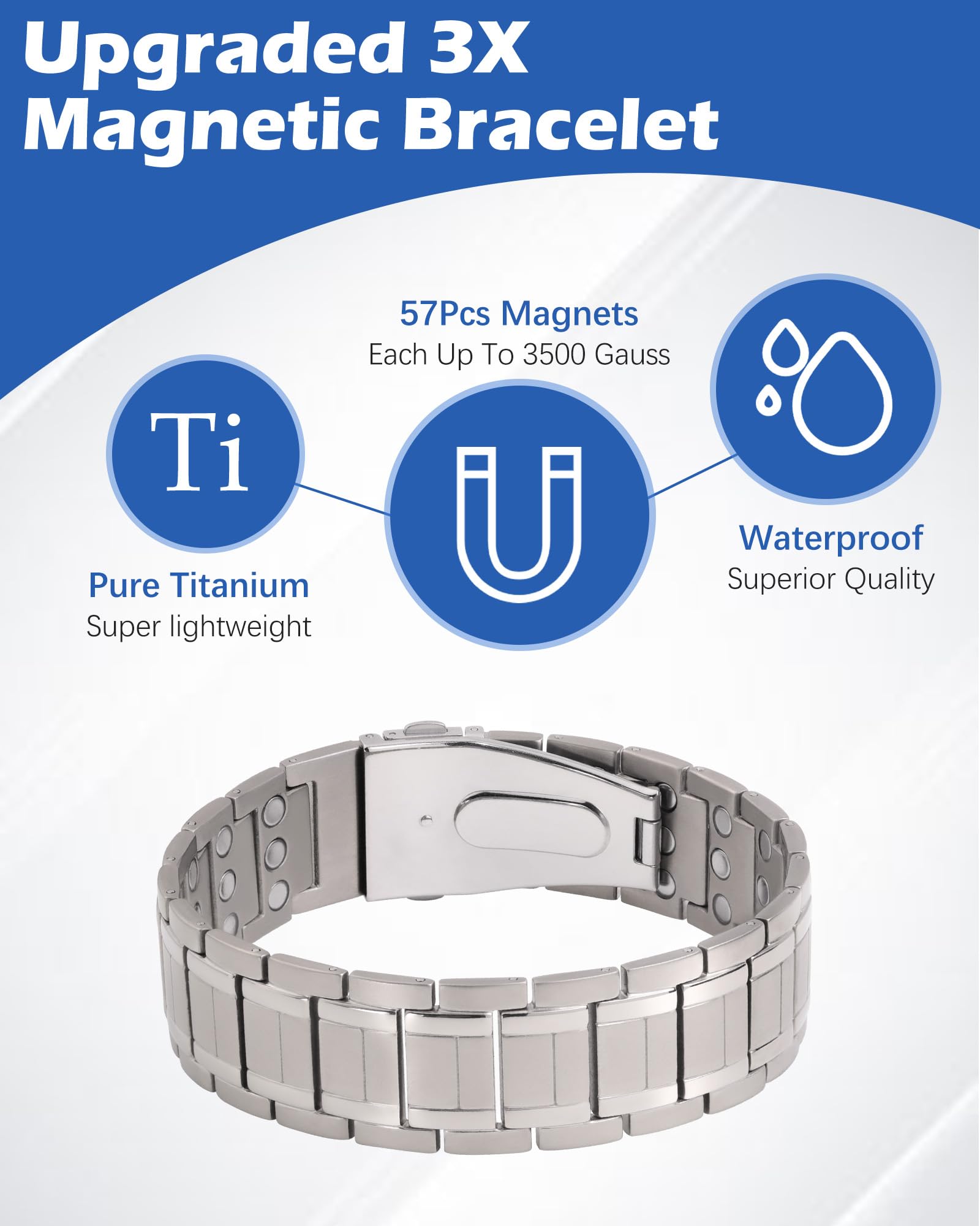 HHRFCS Bransoletki magnetyczne męskie, magnesy o dużej wytrzymałości 3X z unikalnym składanym zapięciem, superlekka tytanowa opaska magnetyczna na rocznicę, regulowany rozmiar i pudełko upominkowe