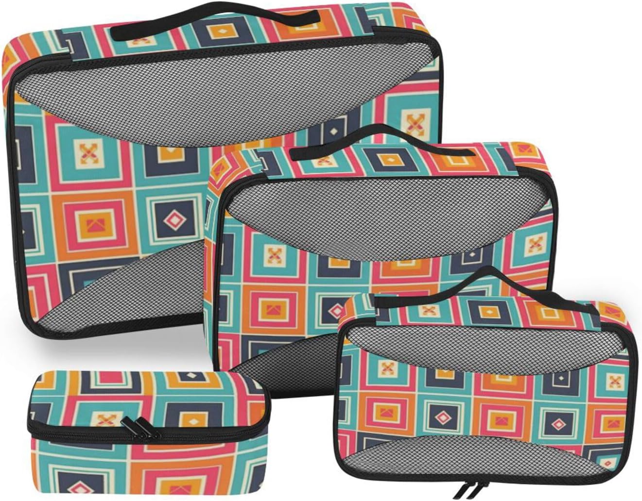 Geometric Colorful Plaids Boho 4 Pcs set organizer travel case Mesh Travel Essentials portable packing cubes for suitcases